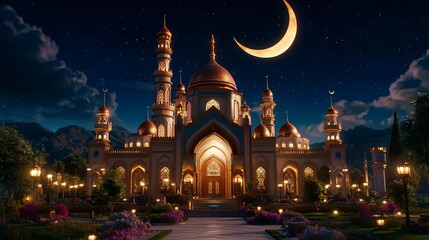Obraz premium A beautifully illuminated mosque at night with a crescent moon overhead and lush gardens in the foreground, with mountains in the distance