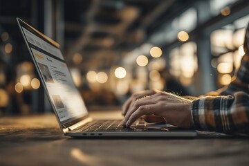 Young caucasian male typing on laptop in cozy cafe setting