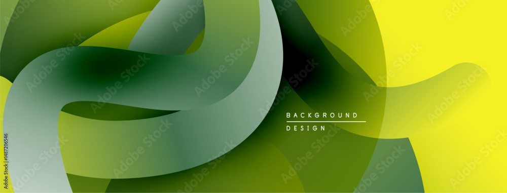 Poster Abstract flowing ribbons, green yellow hues. Modern design, smooth gradients create dynamic composition. Minimalist aesthetic.