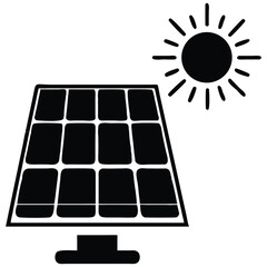 Simple Black Solar Panel Icon with Sun Illustration