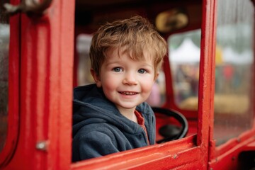 Smiling Boy Tractor Ride: Happy Child in Red Toy Tractor, Rustic Playground Fun