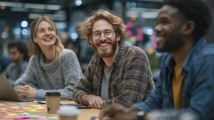 Diverse team collaboration with smiling young adults in modern office setting