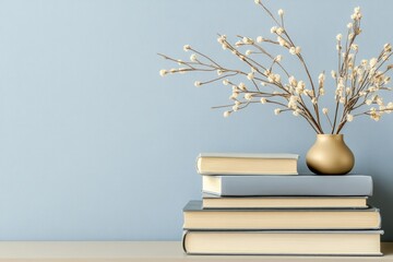 Muted pastel books and a delicate floral arrangement.
