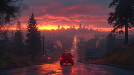Fototapeta premium Scenic road trip at sunrise with a red pickup truck on a wet road, city skyline in the background.