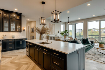 Fototapeta premium A modern country kitchen with an island, open plan to the living room, large windows overlooking green fields and trees. The color palette features soft neutral tones, with brass l