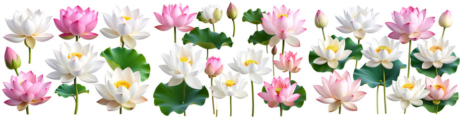Fototapeta premium 3D Realistic Vector Set of White and Pink Lotus Flowers with Stems and Leaves – Isolated on Transparent Background PNG