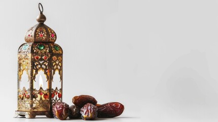 Ramadan lantern, dates, white background, celebration