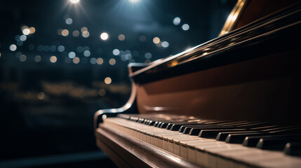  Grand piano with open lid, soft stage lighting highlighting keys, dark concert hall background with subtle bokeh
