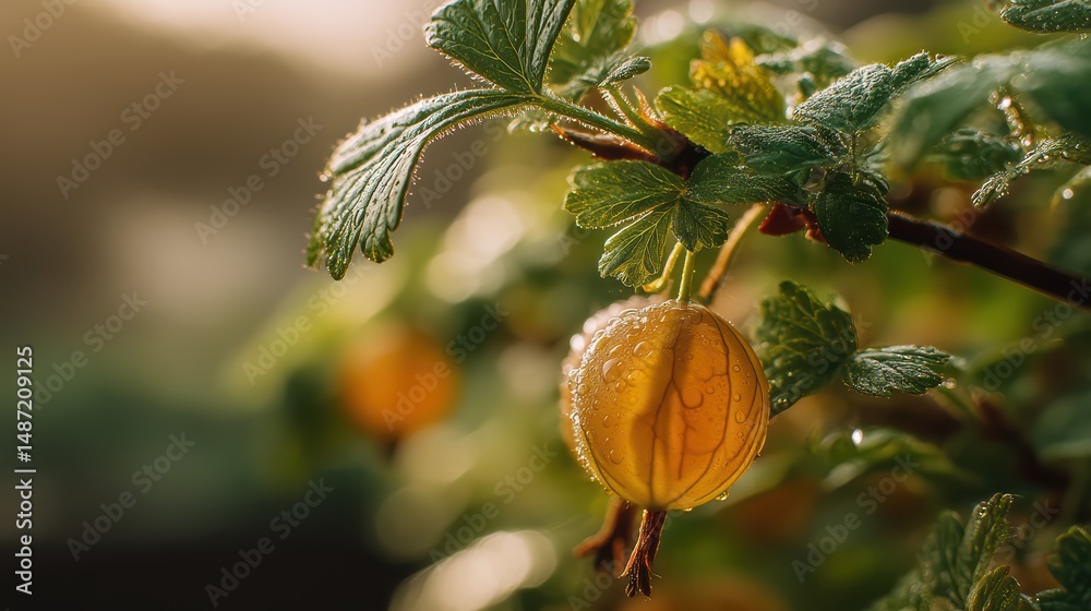 Poster a close up shot of ripe gooseberries covered in raindrops on a branch with green leaves displaying n