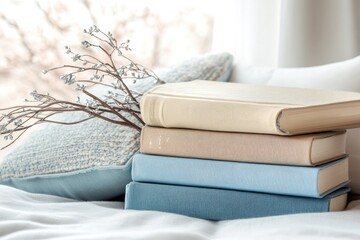Stacked books and soft decor on a bed, showcasing a cozy winter scene.