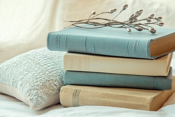 Stacked books and a decorative pillow on a bed.