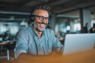 Obraz premium Happy Remote Worker Enjoying Online Meeting, Smiling and Focused on Laptop