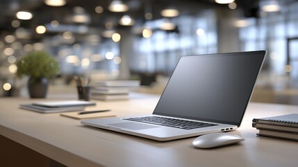 Modern office workspace with laptop and mouse in a bright environment