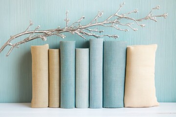 Stacked books and cushions in pastel tones, a tranquil display.