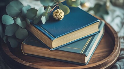 Stacked antique books resting on a wooden tray.