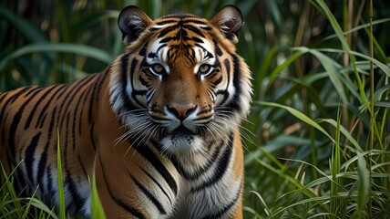 Obraz premium A close-up of a tiger prowling through tall jungle grass 