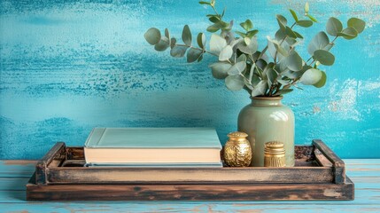 Rustic teal wall decor with eucalyptus and book.