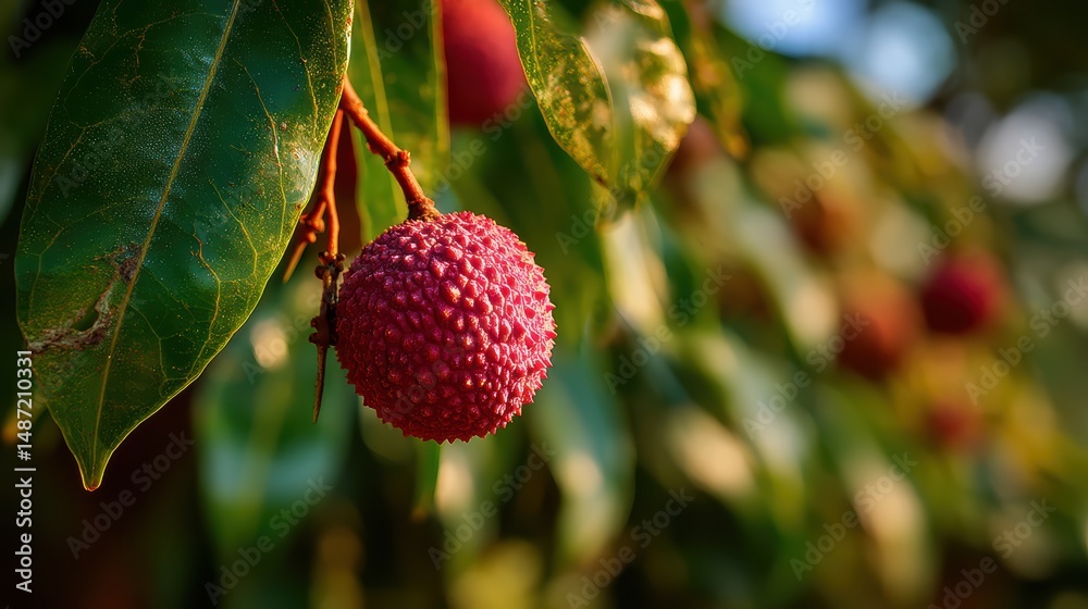 Poster close-up shot of a ripe red lychee fruit hanging from a branch with green leaves in soft focus for a