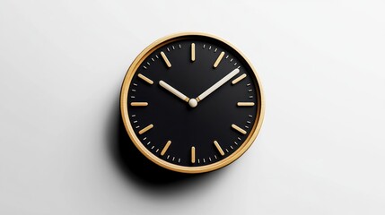 A vintage black clock on the office wall shows the hour and minute on its circular dial