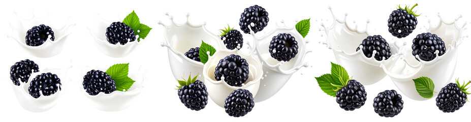 3D Realistic Vector Set of Whole and Sliced Blackberries with Juice and Milk Splashes – Isolated Transparent PNG