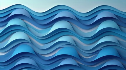 Fototapeta premium Rhythmic paper cut waves in gradient blues create a clean, minimal design with subtle shadow play and grain textures.