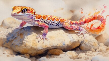 Naklejka premium Colorful gecko on a rock. Watercolor style