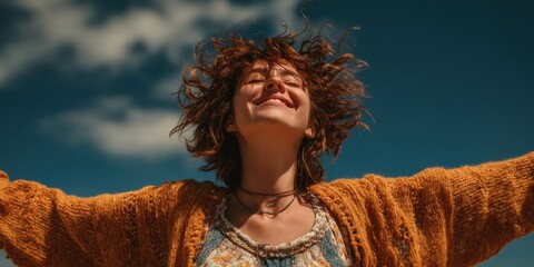 Radiant Serenity in the Sunshine: An individual basks in the warmth of the sun, embracing a moment of unbridled joy. With open arms, she finds solace in nature's embrace. Ai image