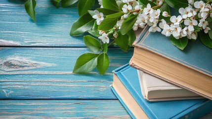 Spring blossoms and antique books on weathered wooden planks.