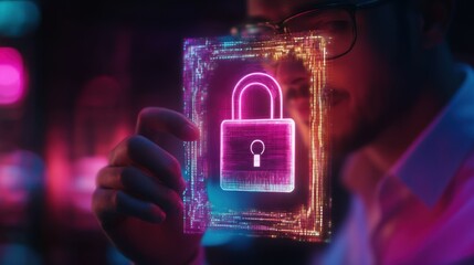 Businessman take a note, cybersecurity hologram with padlock, data protection