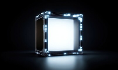 Glowing cube, dark background, blank space, technology concept, mockup