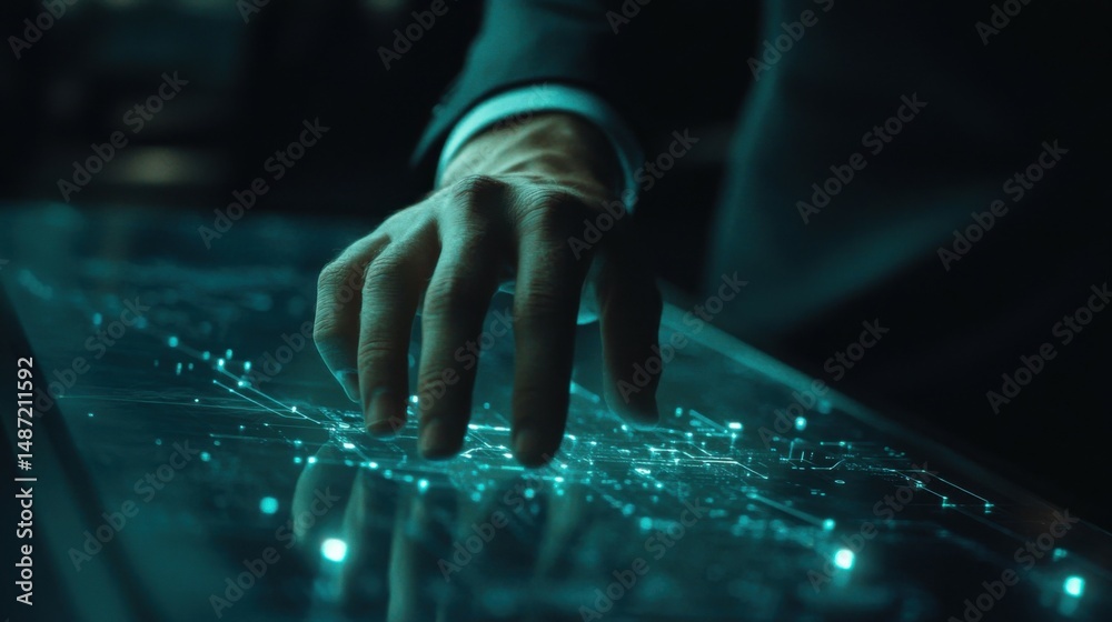 Aufkleber business man using computer hand close up futuristic cyber space decentralized finance ai chatbot co