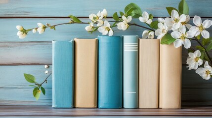 Vintage books and spring blossoms adorn a rustic shelf.