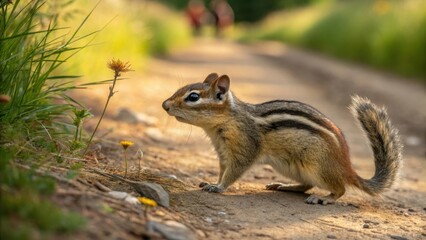 Close-Up of a Chipmunk on a Dirt Path in Nature