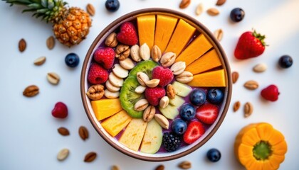 Assorted fresh fruit and nut platter in a bowl with colorful sliced fruits including mango kiwi blueberry raspberry and mixed nuts arranged beautifully on a white plate