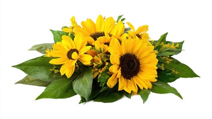 Obraz premium Vibrant sunflower bouquet with lush green leaves showcasing a cheerful arrangement perfect for any occasion or floral decoration