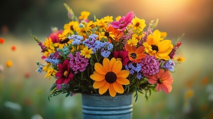 Vibrant wildflower bouquet sunset field greeting card