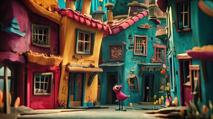 Fototapeta premium Whimsical clay town, creature explores colorful streets.