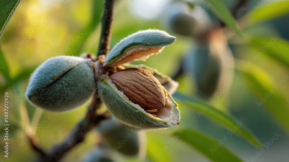 Fototapete Close up of an almond nut still encased in its fuzzy green shell and the tree it grows on with blurred background.
