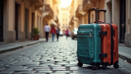 Naklejka premium Stylish luggage on cobblestone street, travel , bag, travel