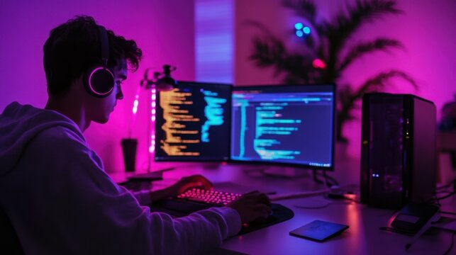 hacker coding at night cybersecurity concept