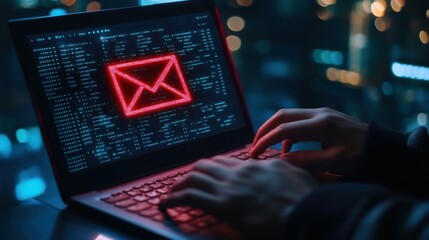 Businessman using laptop with electronic email hacking and spam warning symbol. cyber attack network, virus, spyware, Cyber security and cybercrime.