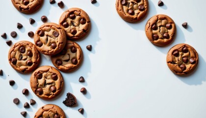 Fototapeta premium Close-up of delicious chocolate chip cookies scattered with chocolate chips on white background for snack or dessert concept