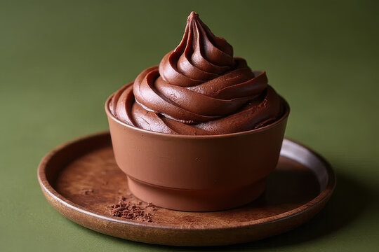 Tempting Vegan Chocolate Mousse: Rustic Corner Food Photography with Olive Green Background and Hard Side Light