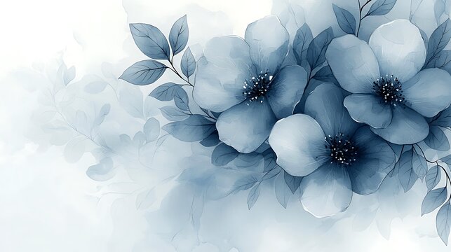 these are some blue flowers on a white background with blue leaves