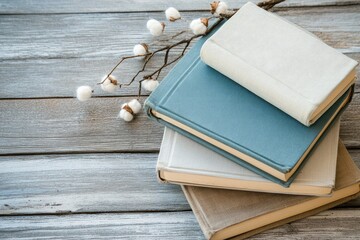 Stacked books and cotton branches on a weathered wooden surface.