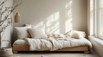 Guest bedroom with light wood daybed and soft bedding
