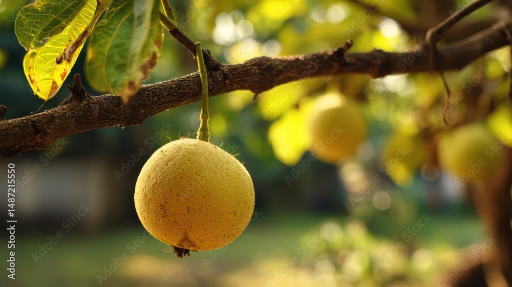 Poster close up photograph of a breadfruit fruit hanging from a tree branch during a sunny day showing the 