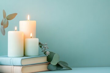 Three gently burning candles rest on books, surrounded by soft greenery.