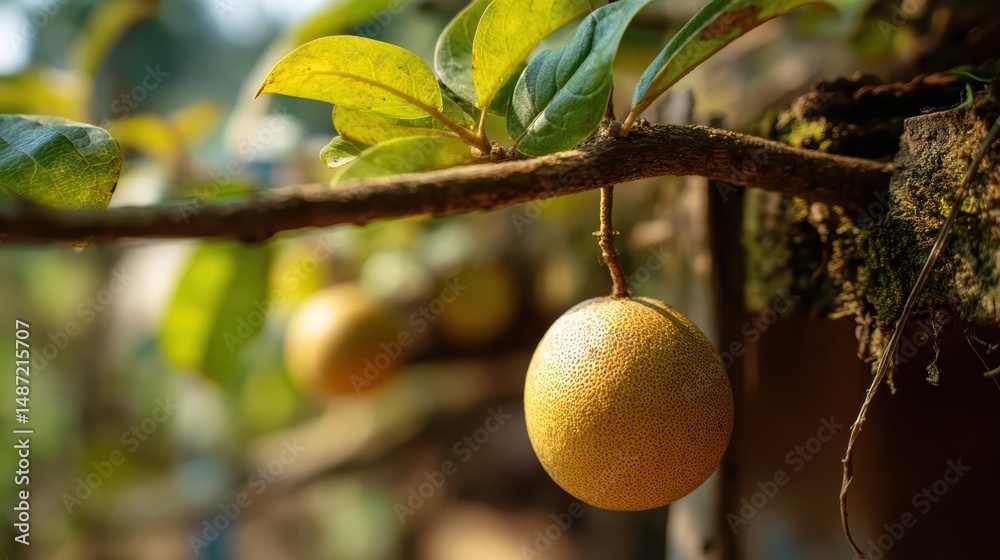 Poster close-up photograph of a ripe yellow fruit hanging from a tree branch, captured with a shallow depth
