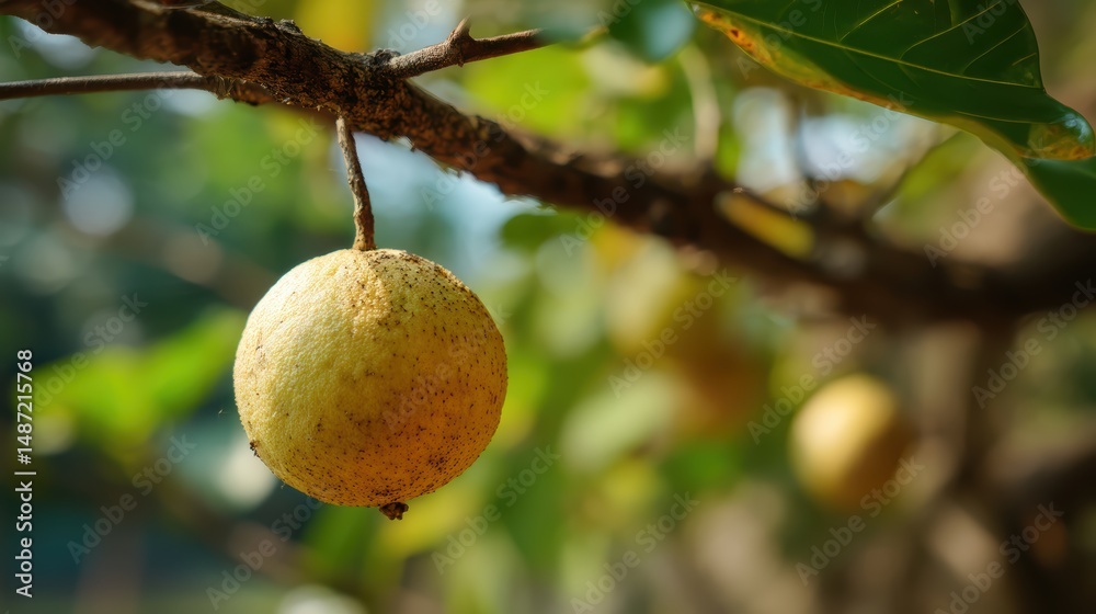 Poster a close up shot of a yellow fruit hanging from a tree branch with out of focus leaves in the backgro
